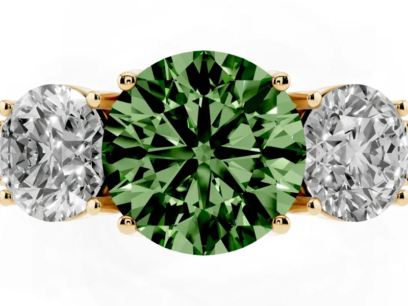 Round Vintage Three Stone Engagement Ring Setting for a Fancy Green Lab-Grown Diamond | Yellow Gold