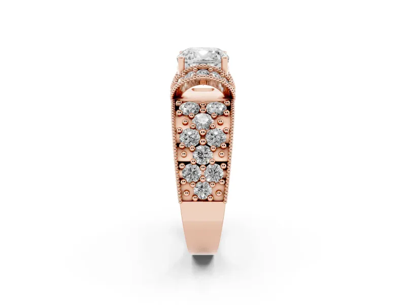 Cushion Cut Vintage Milgrain Pave Engagement Ring Setting | Crescent Side Rows | Rose Gold