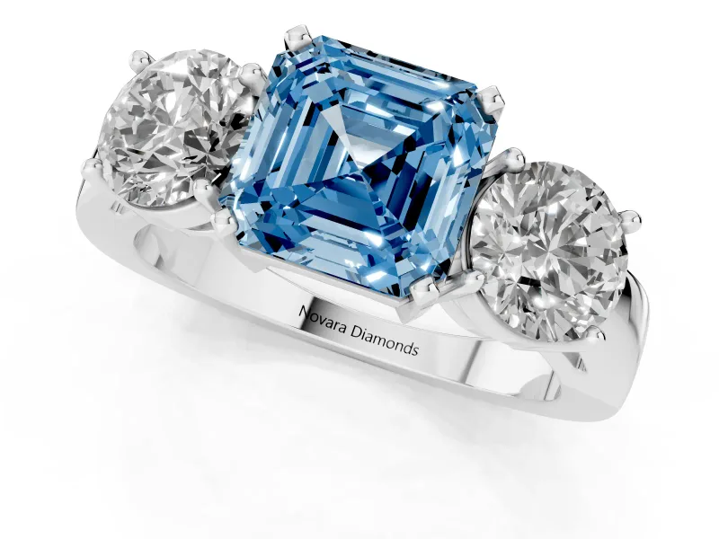 Asscher Cut Three Stone Engagement Ring Setting for a Fancy Blue Lab-Grown Diamond | Wide Plain Band | Platinum