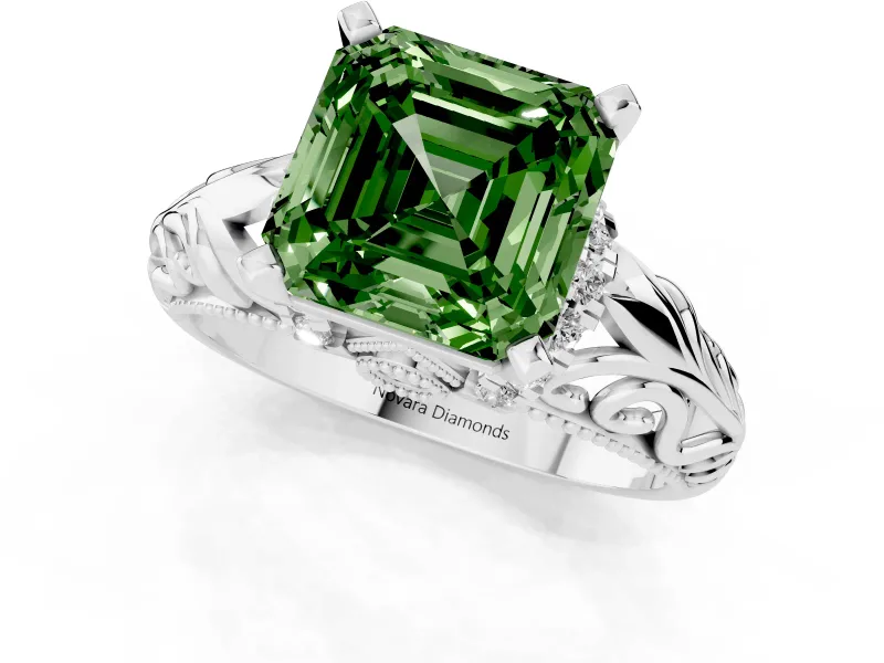 Fancy Green Asscher Cut Diamond Filigree Halo Engagement Ring Set in White gold with Prong Setting