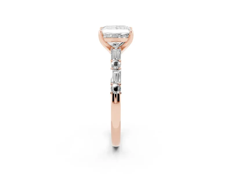 Princess Cut Baguette Side Stone Engagement Ring Setting | Alternating Accents | Rose Gold