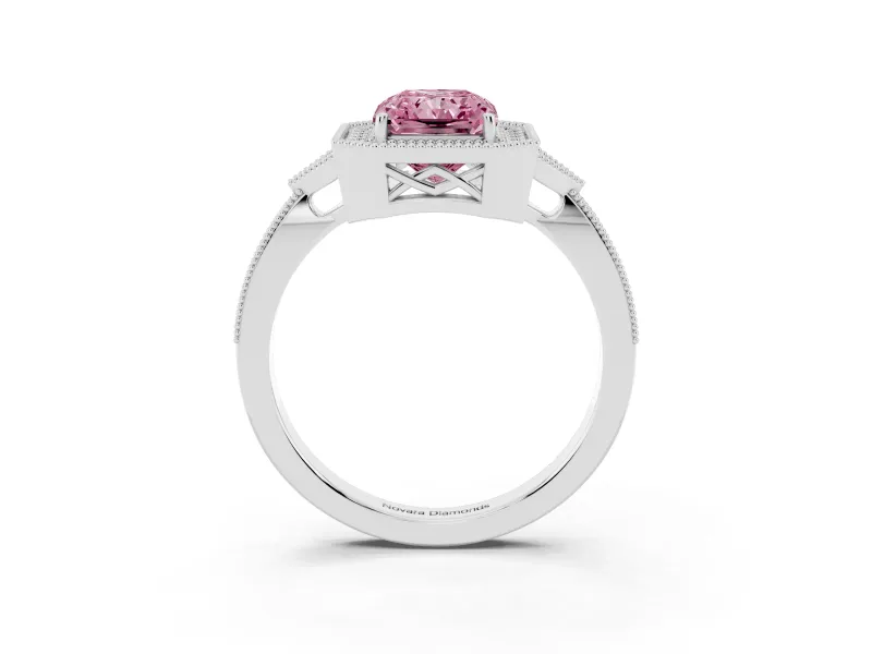 Fancy Pink Radiant Cut Diamond Halo Engagement Ring Set in White gold with Milgrain Pavé Band