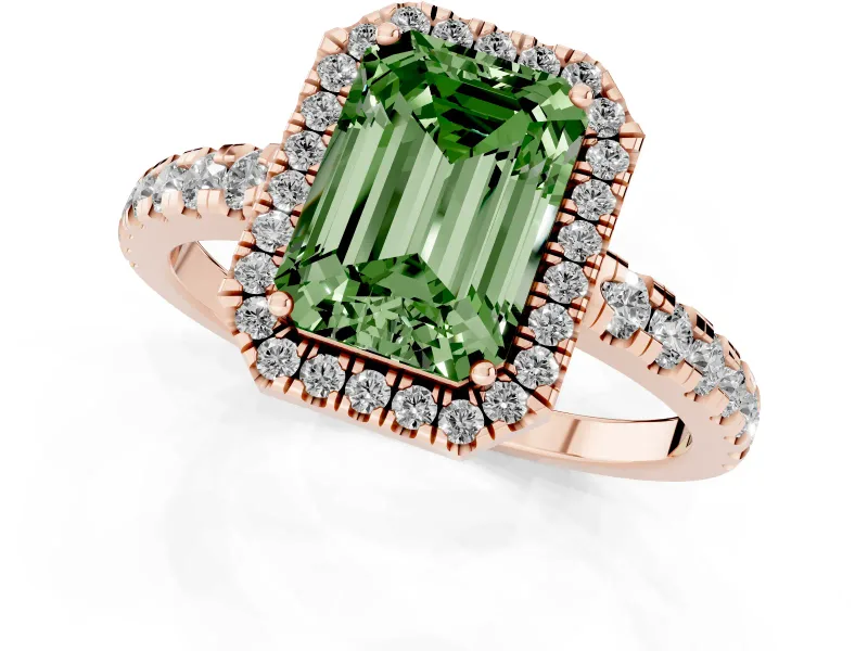 Fancy Green Emerald Cut Diamond Halo Ring Set in Rose gold with Delicate Pavé Band and Prong Setting