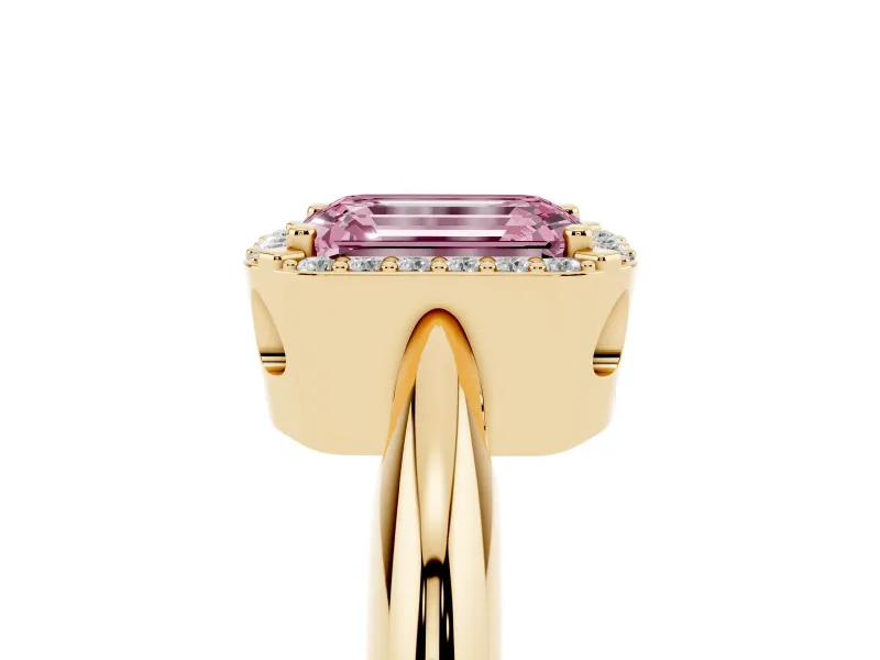 Fancy Pink Emerald Cut Diamond Halo Engagement Ring Set in Yellow gold with Plain Split Shank and Prong Setting
