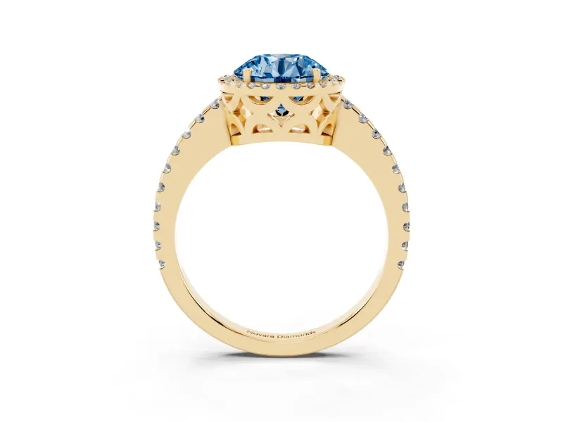 Round Halo Engagement Ring Setting for a Fancy Blue Lab-Grown Diamond | Half Pave Band | Yellow Gold