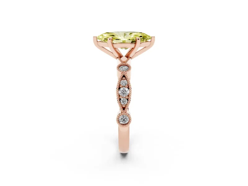 Fancy Yellow Marquise Cut Diamond Solitaire Engagement Ring Set in Rose gold with Milgrain Bezel Accent Band