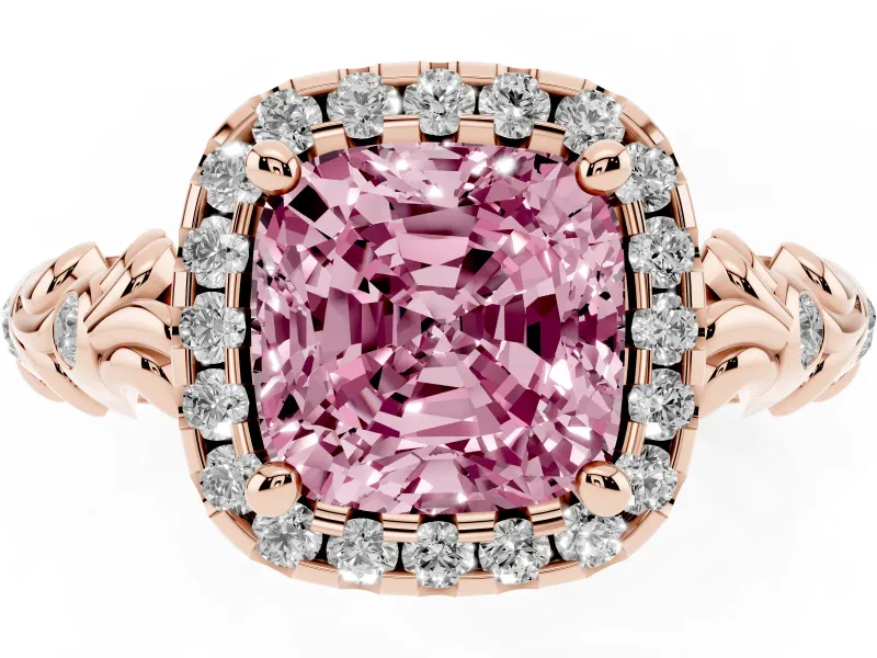 Cushion Cut Leaf Halo Engagement Ring Setting for a Fancy Pink Lab-Grown Diamond | Bezel Accents | Rose Gold