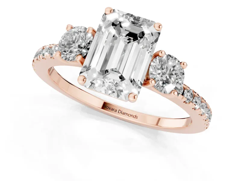 Emerald Cut Three Stone Engagement Ring Setting | Pave Shoulders | Rose Gold
