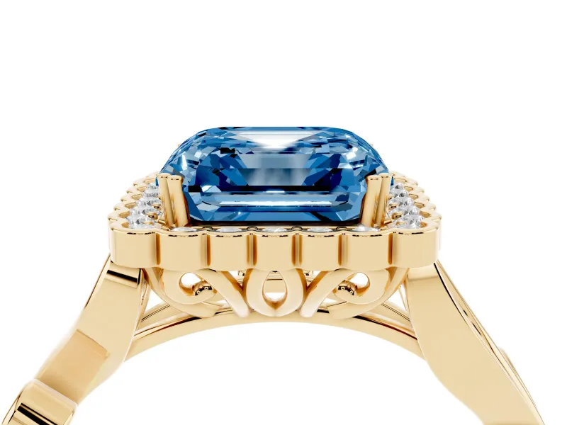 Asscher Cut Leaf Halo Engagement Ring Setting for a Fancy Blue Lab-Grown Diamond | Yellow Gold
