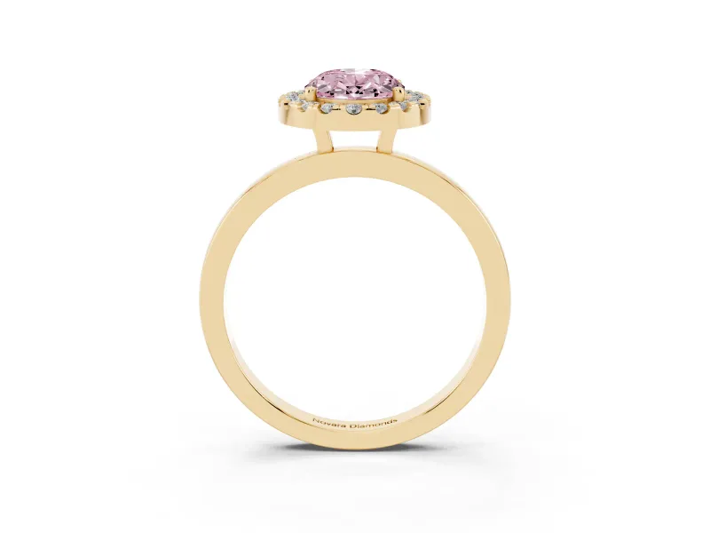 Fancy Pink Oval Cut Diamond Halo Solitaire Ring Set in Yellow gold with Pavé Band and Prong Setting
