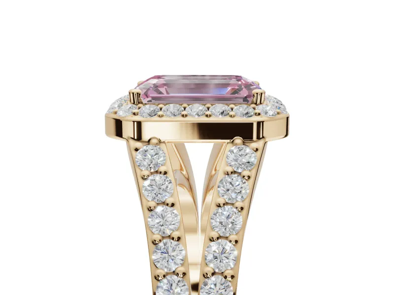 Emerald Cut Halo Pavé Engagement Ring Setting for a Fancy Pink Lab-Grown Diamond | Narrow Split Shank | Yellow Gold