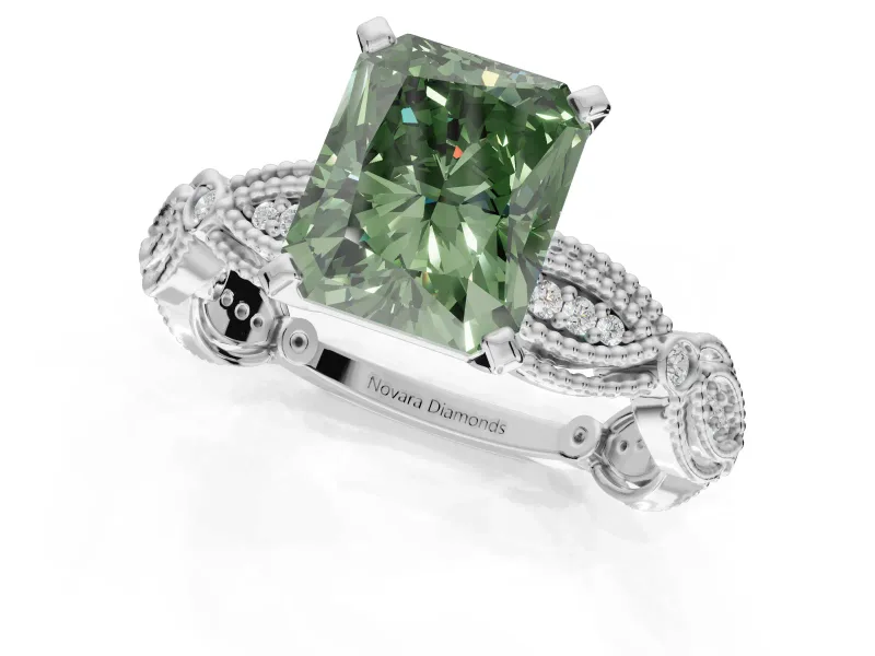 Radiant Cut Vintage Engagement Ring Setting for a Fancy Green Lab-Grown Diamond | Graduated Stations | Sterling Silver