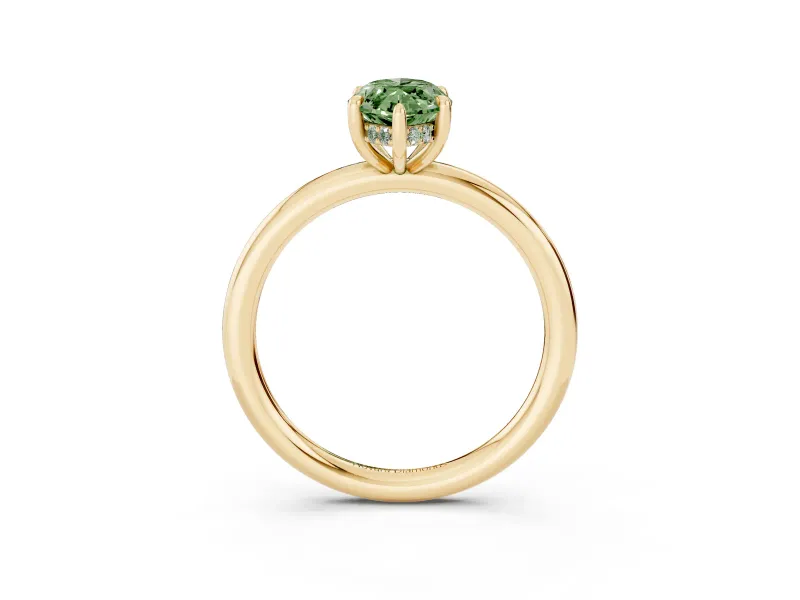 Fancy Green Marquise Cut Diamond Solitaire Ring Set in Yellow gold with Thin Band and Prong Setting