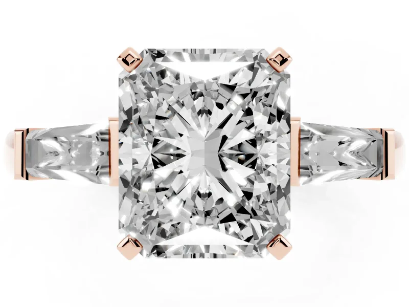 Radiant Cut Diamond Solitaire Ring Set in Rose gold with Tapered Baguette Side Stones and Prong Setting