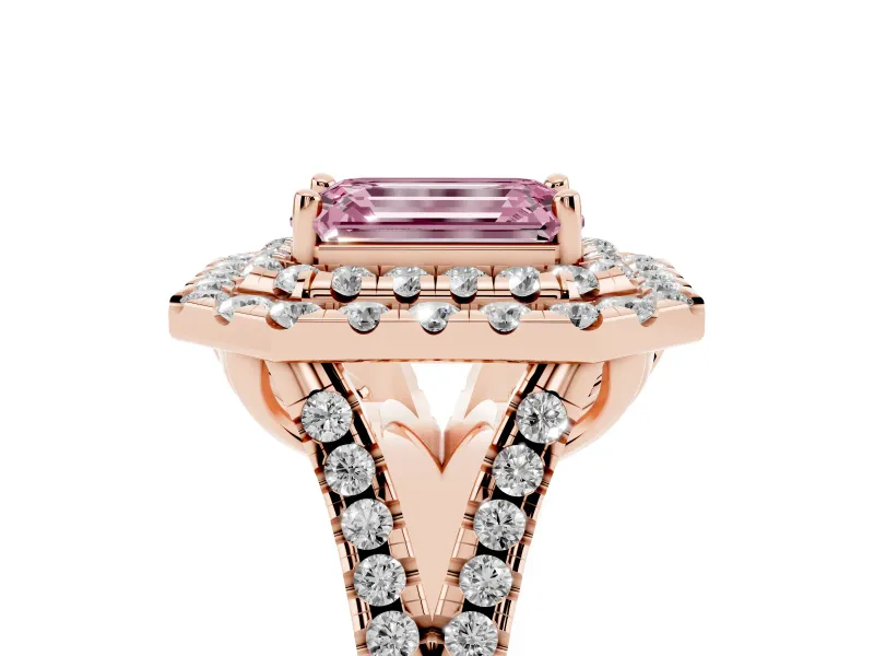 Emerald Cut Halo Split Shank Engagement Ring Setting for a Fancy Pink Lab-Grown Diamond | Pavé Strands | Rose Gold