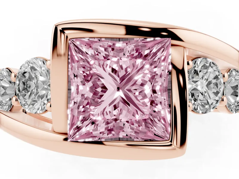Fancy Pink Princess Cut Diamond Bezel Bypass Ring Set in Rose gold with Round Accents