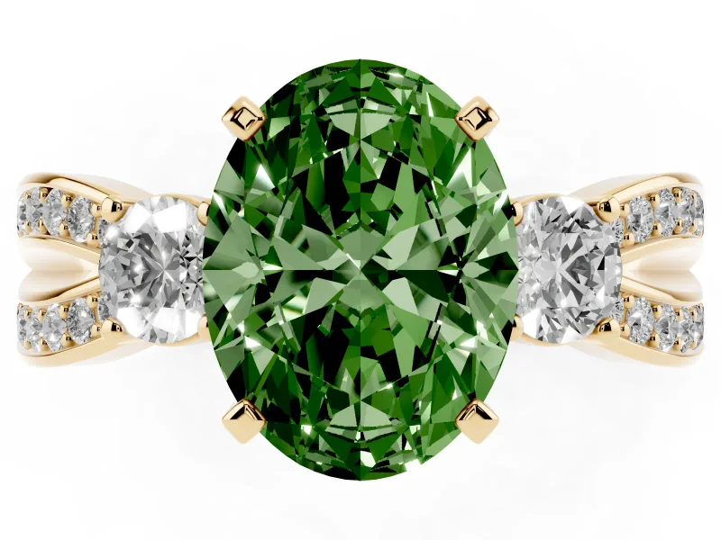 Fancy Green Three-Stone Oval Cut Diamond Twist Band Ring Set in Yellow gold with Pavé Accents and Prong Setting