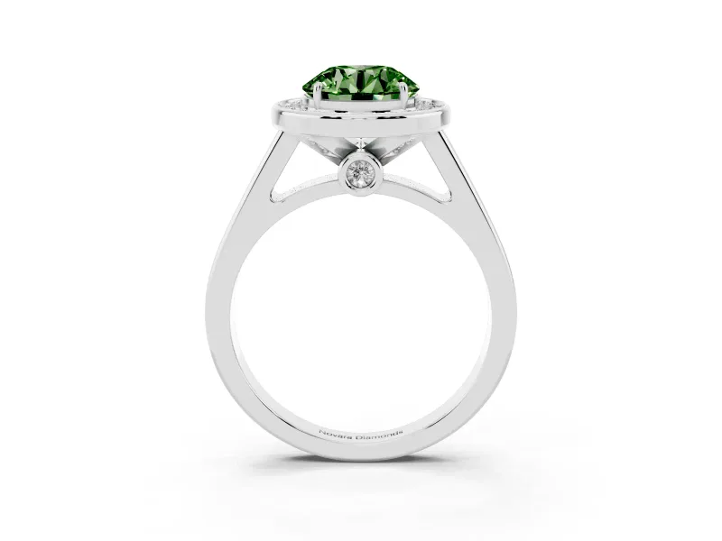 Fancy Green Round Cut Diamond Halo Solitaire Ring Set in White gold with Pavé Band and Bezel Setting
