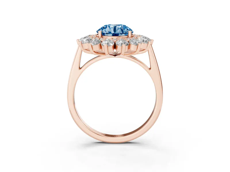 Round Floral Double Halo Engagement Ring Setting for a Fancy Blue Lab-Grown Diamond | Plain Band | Rose Gold