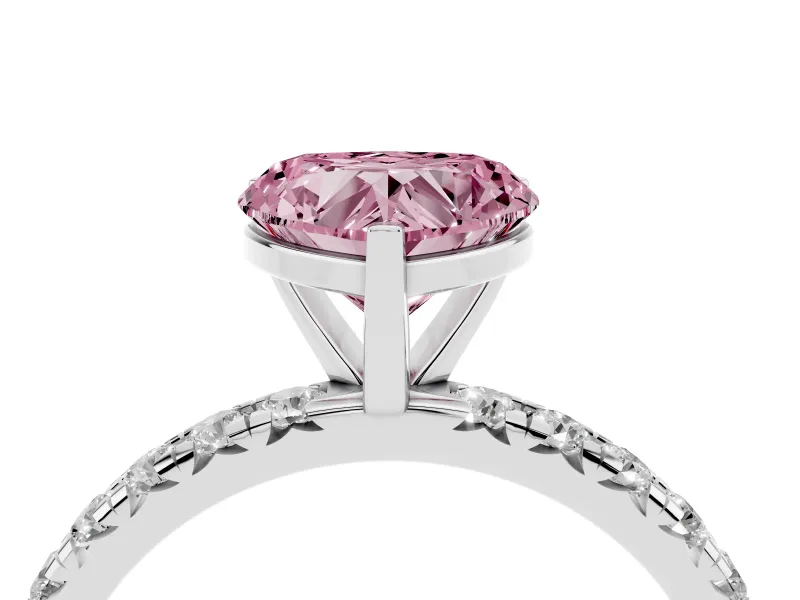 Fancy Pink Heart Cut Diamond Pavé Solitaire Ring Set in White gold with Round Band and Prong Setting