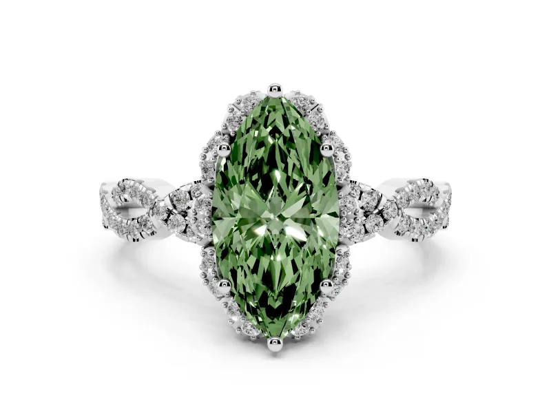 Fancy Green Marquise Cut Diamond Halo Twist Band Solitaire Ring Set in Platinum with Prong-Set Center Stone