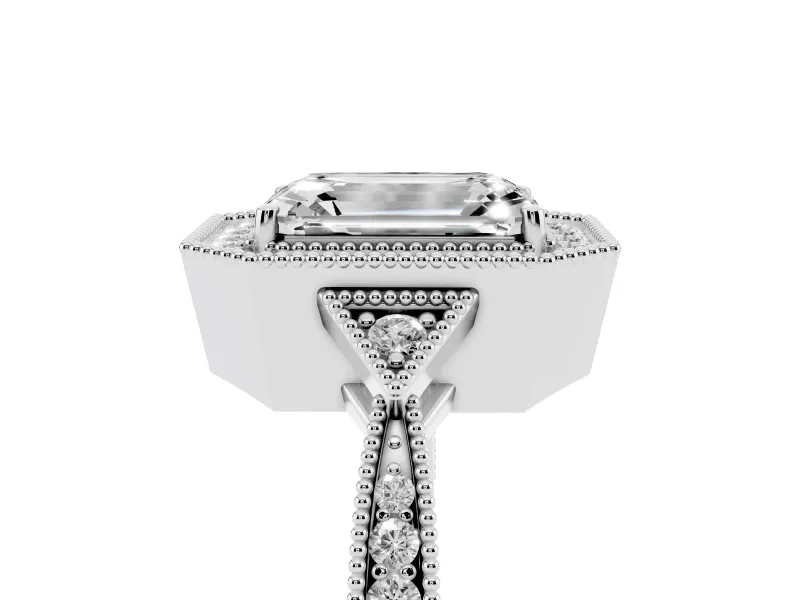 Emerald Cut Diamond Halo Engagement Ring Set in Platinum with Milgrain Pavé Band