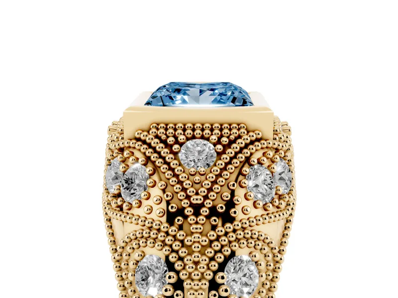 Fancy Blue Princess Cut Diamond Bezel Ring Set in Yellow gold with Milgrain Accent Band