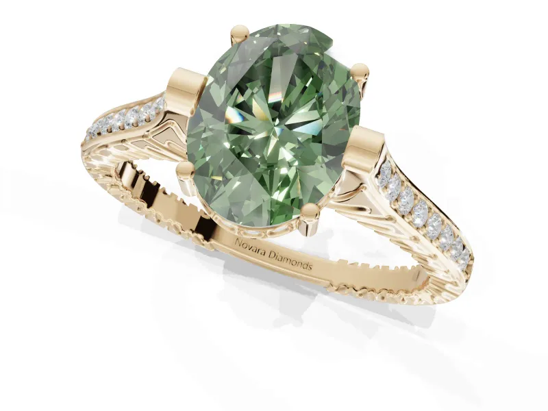 Oval Vintage Cathedral Engagement Ring Setting for a Fancy Green Lab-Grown Diamond | Carved Band | Yellow Gold