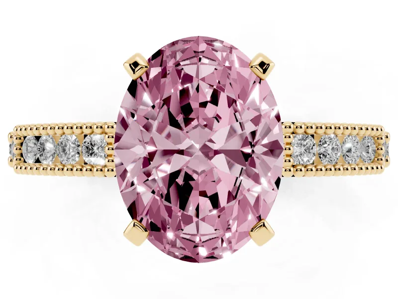 Fancy Pink Oval Cut Diamond Solitaire Ring Set in Yellow gold with Slim Pavé Band and Prong Setting