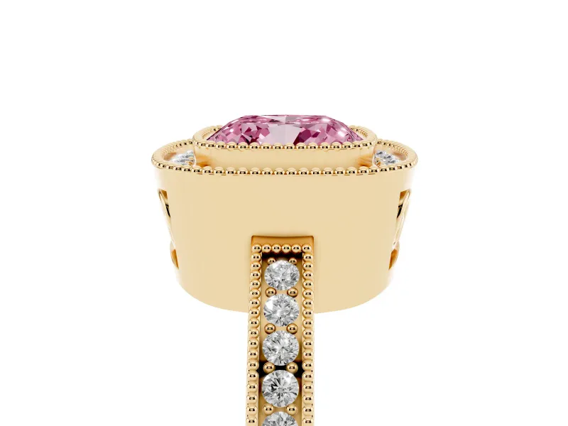 Cushion Cut Milgrain Halo Engagement Ring Setting for a Fancy Pink Lab-Grown Diamond | Yellow Gold