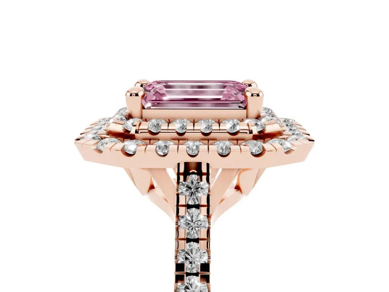 Fancy Pink Emerald Cut Diamond Double Halo Statement Ring Set in Rose gold with Pavé Band