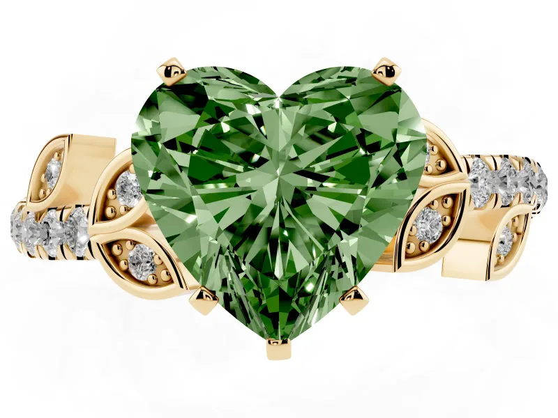 Fancy Green Heart Cut Diamond Solitaire Leaf-Inspired Ring Set in Yellow gold with Pavé Band and Prong Setting