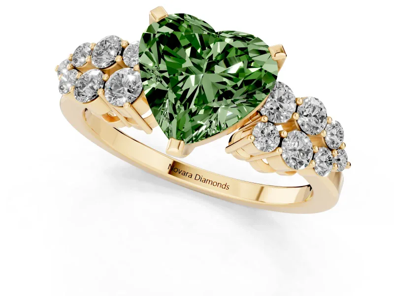 Fancy Green Heart Cut Diamond Cluster Engagement Ring Set in Yellow gold with Pavé Band and Prong Setting