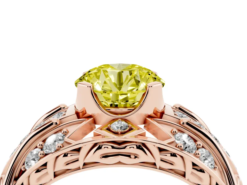 Fancy Yellow Round Cut Diamond Art Deco Ring Set in Rose gold with Pavé Split Shank
