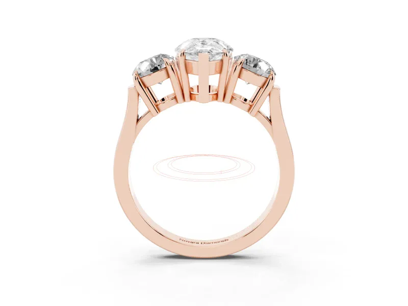 Pear Cut Diamond Three-Stone Ring Set in Rose gold with Round Accent Stones and Plain Band