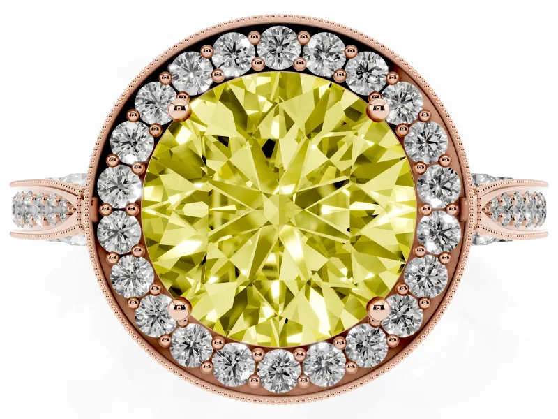 Round Milgrain Halo Engagement Ring Setting for a Fancy Yellow Lab-Grown Diamond | Side Stones | Rose Gold