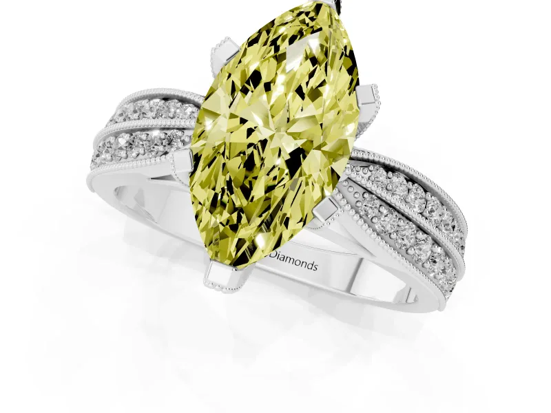 Fancy Yellow Marquise Cut Diamond Solitaire Ring Set in Silver with Milgrain Double Row Round Pavé Band