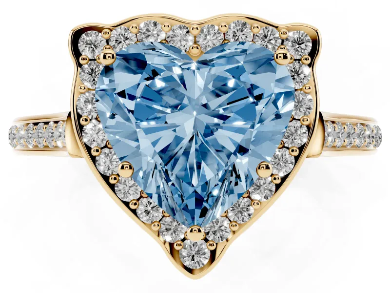 Heart-Shaped Petal Tip Halo Engagement Ring Setting for a Fancy Blue Lab-Grown Diamond | Pavé Band | Yellow Gold