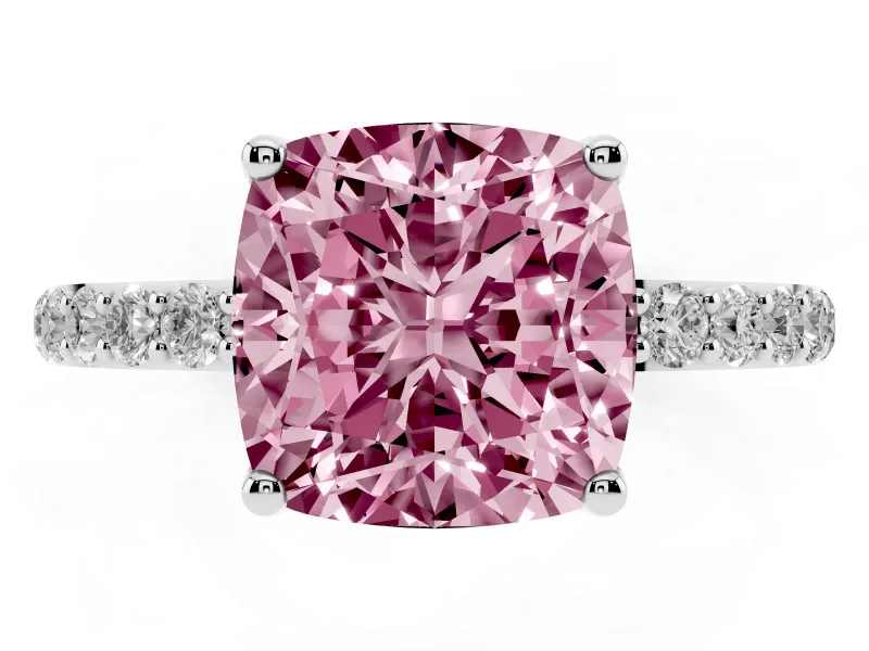 Cushion Cut Pave Solitaire Engagement Ring Setting for a Fancy Pink Lab-Grown Diamond | Slim Band | Sterling Silver