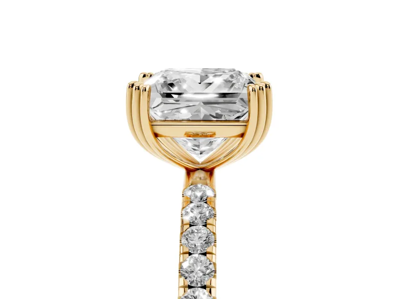 Princess Cut Pave Solitaire Engagement Ring Setting | Double Claw Prongs | Yellow Gold