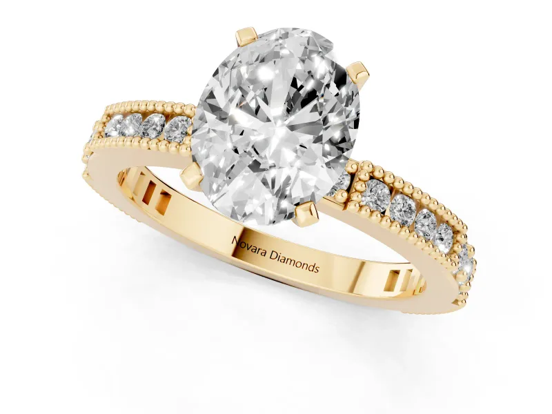 Oval Cut Diamond Solitaire Ring Set in Yellow gold with Slim Pavé Band and Prong Setting