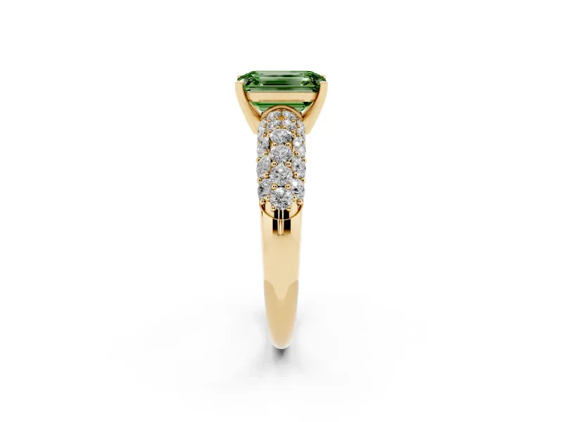 Emerald Cut Multi Row Pave Engagement Ring Setting for a Fancy Green Lab-Grown Diamond | Yellow Gold