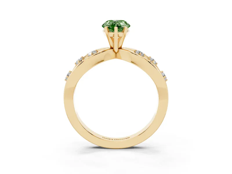 Fancy Green Pear Cut Diamond Solitaire Ring Set in Yellow gold with Side Stones on Criss-Cross Band and Prong Setting