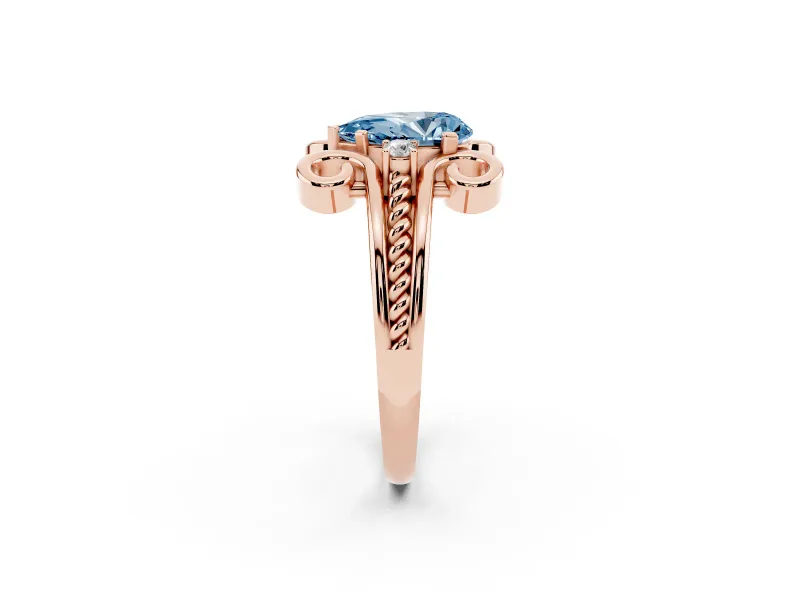 Fancy Blue Pear Cut Diamond Twisted Band Solitaire Ring Set in Rose gold with Scroll Prongs