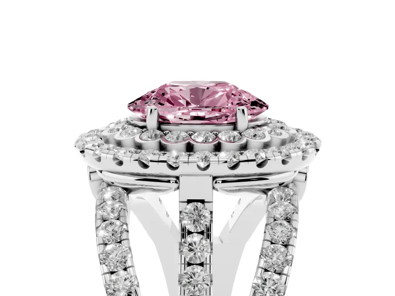 Oval Double Halo Split Shank Engagement Ring Setting for a Fancy Pink Lab-Grown Diamond | Pave Strands | Platinum