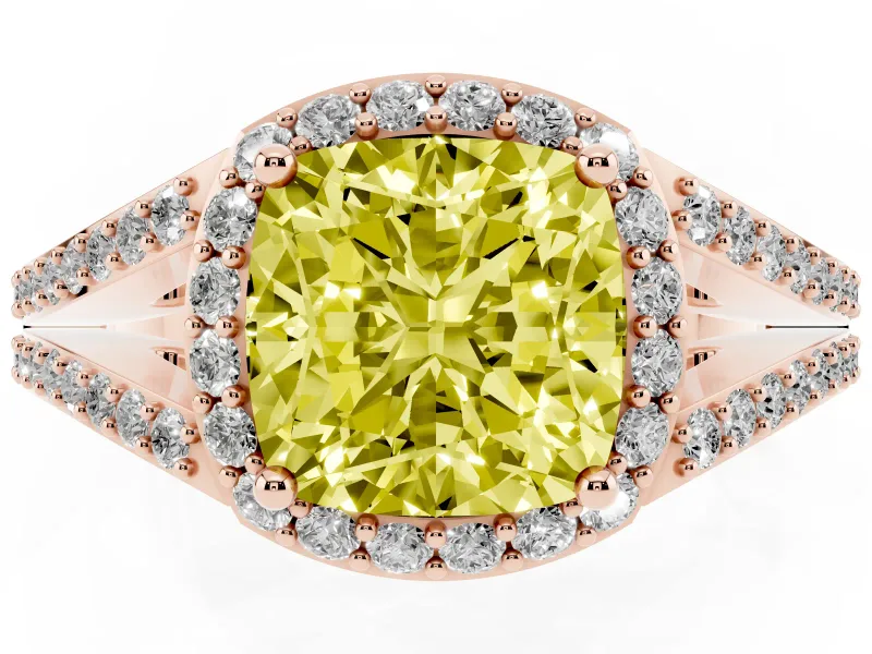Cushion Cut Halo Engagement Ring Setting for a Fancy Yellow Lab-Grown Diamond | V-Split Pavé Band | Rose Gold
