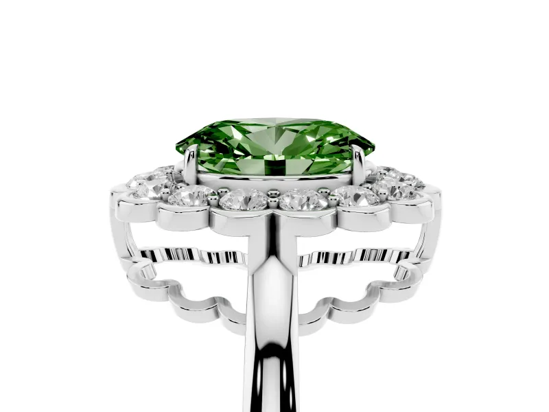 Oval Scalloped Cluster Halo Engagement Ring Setting for a Fancy Green Lab-Grown Diamond | Plain Band | Sterling Silver