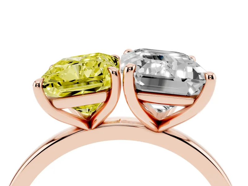Fancy Yellow Radiant Cut and Emerald Cut Toi Moi Ring Set in Rose gold with Prong Setting