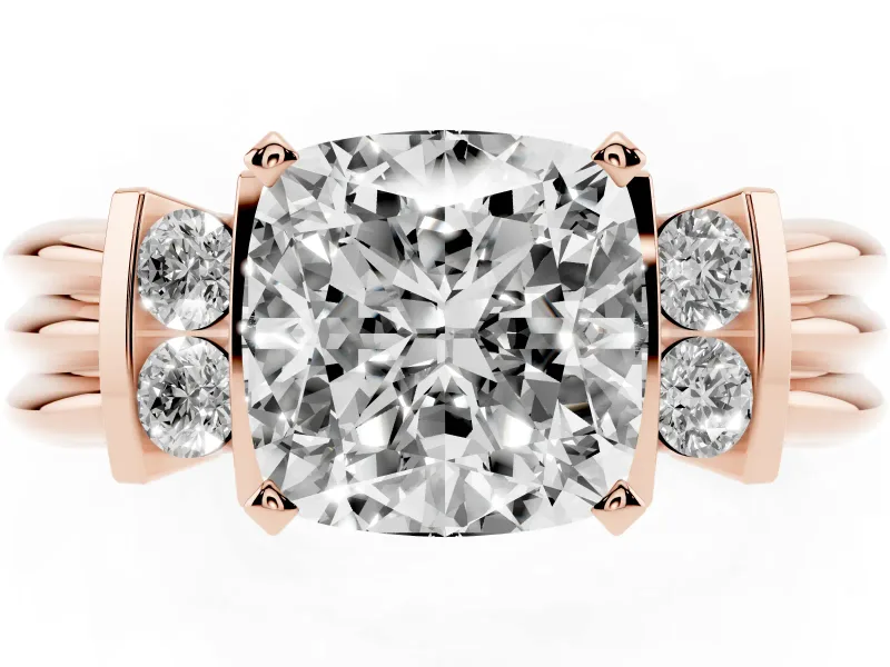 Cushion Cut Bar-Set Accent Engagement Ring Setting | Grooved Band | Rose Gold