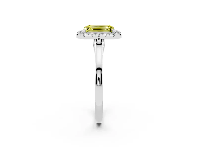 Fancy Yellow Emerald Cut Halo Round Diamond Solitaire Ring Set in White gold with Pavé Band and Prong Setting